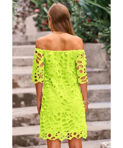 Women's Summer Off Shoulder Vintage Floral Lace Flare Short Sleeve Loose Elegant Mini Dress Fluorescent Green $26.45 Dresses