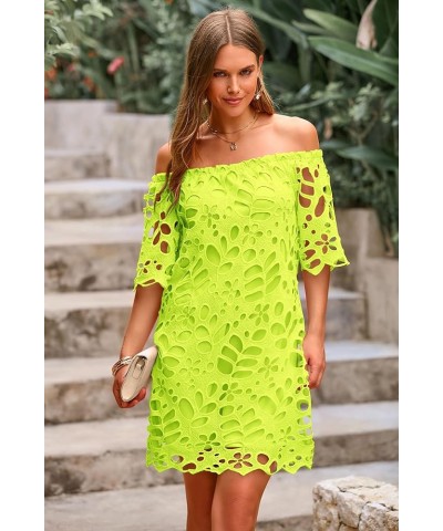 Women's Summer Off Shoulder Vintage Floral Lace Flare Short Sleeve Loose Elegant Mini Dress Fluorescent Green $26.45 Dresses