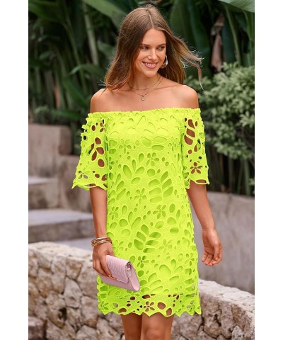 Women's Summer Off Shoulder Vintage Floral Lace Flare Short Sleeve Loose Elegant Mini Dress Fluorescent Green $26.45 Dresses