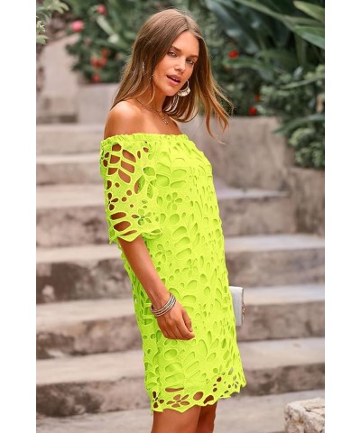 Women's Summer Off Shoulder Vintage Floral Lace Flare Short Sleeve Loose Elegant Mini Dress Fluorescent Green $26.45 Dresses