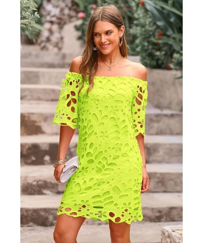 Women's Summer Off Shoulder Vintage Floral Lace Flare Short Sleeve Loose Elegant Mini Dress Fluorescent Green $26.45 Dresses