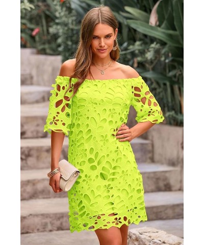 Women's Summer Off Shoulder Vintage Floral Lace Flare Short Sleeve Loose Elegant Mini Dress Fluorescent Green $26.45 Dresses