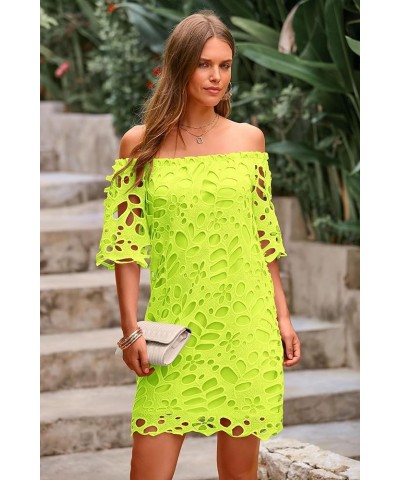 Women's Summer Off Shoulder Vintage Floral Lace Flare Short Sleeve Loose Elegant Mini Dress Fluorescent Green $26.45 Dresses