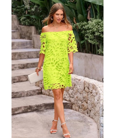 Women's Summer Off Shoulder Vintage Floral Lace Flare Short Sleeve Loose Elegant Mini Dress Fluorescent Green $26.45 Dresses