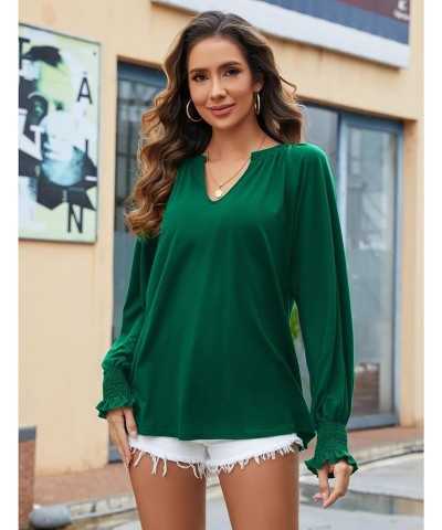 Womens Dressy Casual V Neck Lantern Long Sleeve Blouse Shirt Pleated Flowy Tunic Tops Army Green $12.00 Tops