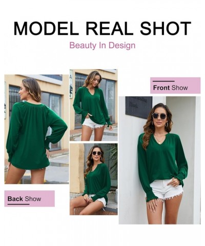 Womens Dressy Casual V Neck Lantern Long Sleeve Blouse Shirt Pleated Flowy Tunic Tops Army Green $12.00 Tops