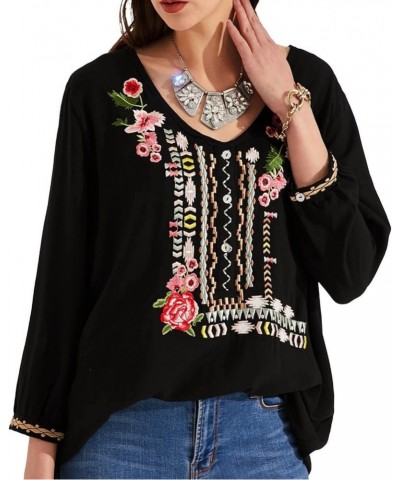 Mexican Embroidered Shirts for Women Boho Tops and Blouses 3/4 Sleeve Bohemian Peasant Summer Fall Tunic Top 049-black $24.30...