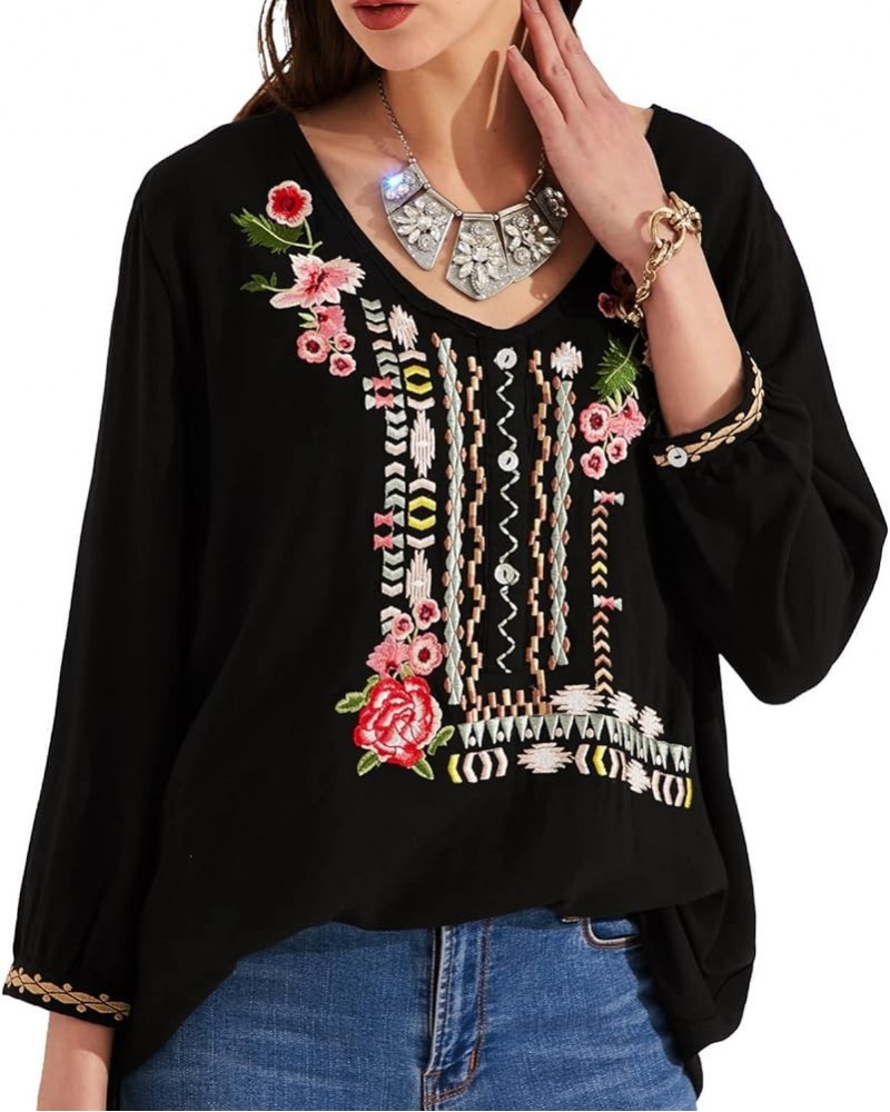 Mexican Embroidered Shirts for Women Boho Tops and Blouses 3/4 Sleeve Bohemian Peasant Summer Fall Tunic Top 049-black $24.30...