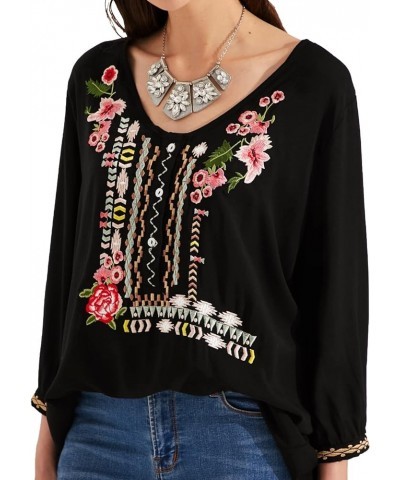 Mexican Embroidered Shirts for Women Boho Tops and Blouses 3/4 Sleeve Bohemian Peasant Summer Fall Tunic Top 049-black $24.30...