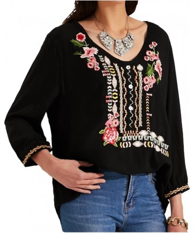 Mexican Embroidered Shirts for Women Boho Tops and Blouses 3/4 Sleeve Bohemian Peasant Summer Fall Tunic Top 049-black $24.30...