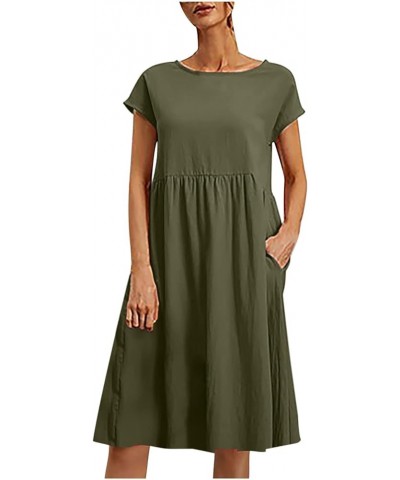 2024 Fashion Linen Dresses for Women Casual Loose Crew Neck Striped Beach Long Dress Sleeveless Pocket Sundress 3-army Green ...