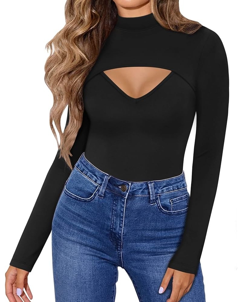 Womens Long Sleeve Tops Cut Out Front Ribbed Fitted Sexy Casual Dressy Fall Tee T-Shirts Tshirt A Mock Neck Black $14.78 T-Sh...