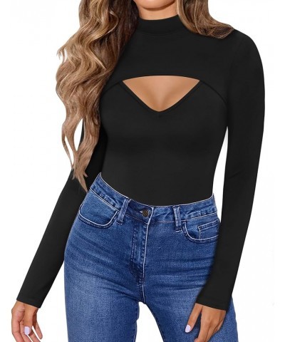 Womens Long Sleeve Tops Cut Out Front Ribbed Fitted Sexy Casual Dressy Fall Tee T-Shirts Tshirt A Mock Neck Black $14.78 T-Sh...