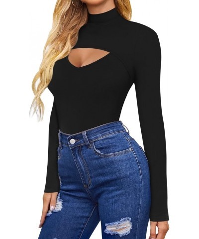 Womens Long Sleeve Tops Cut Out Front Ribbed Fitted Sexy Casual Dressy Fall Tee T-Shirts Tshirt A Mock Neck Black $14.78 T-Sh...