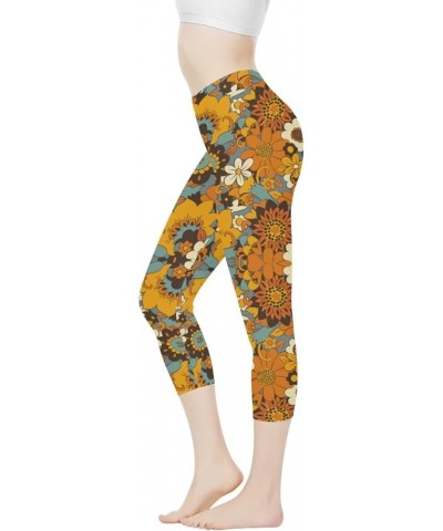 Womens Yoga Pants High Waist Stretch Workout Running Legging Tummy Control Sports Capri Pant Joggers Sunflower Hippie Flower ...