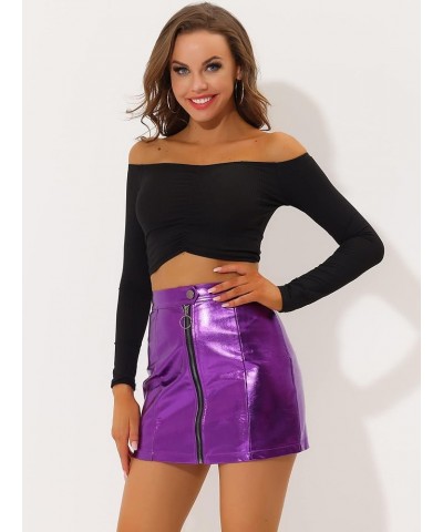 Women's Metallic Mini Skirt Shiny Holographic High Waist Zipper Short Skirts Violet $18.63 Skirts