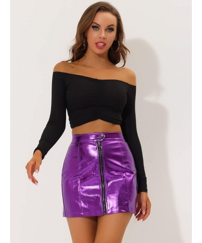 Women's Metallic Mini Skirt Shiny Holographic High Waist Zipper Short Skirts Violet $18.63 Skirts