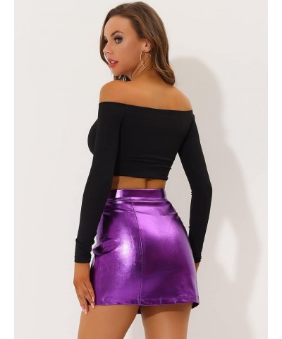 Women's Metallic Mini Skirt Shiny Holographic High Waist Zipper Short Skirts Violet $18.63 Skirts