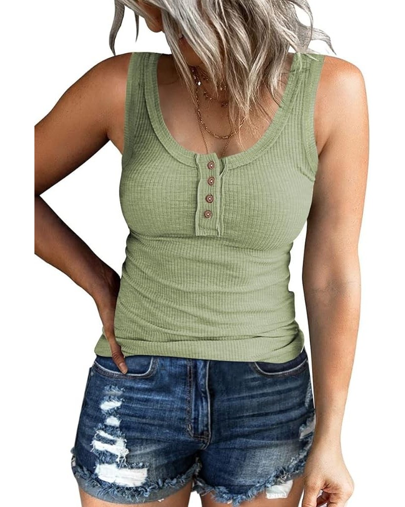 Women Tank Tops Summer Casual Ribbed Sleeveless Basic Cami Top Slim Henley Button Down Blouses T Green $8.85 Tanks