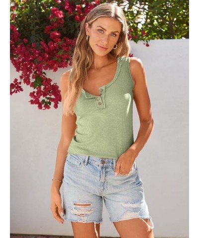 Women Tank Tops Summer Casual Ribbed Sleeveless Basic Cami Top Slim Henley Button Down Blouses T Green $8.85 Tanks