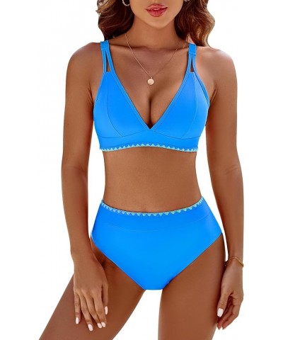 Women's Bikini Sets V Neck High Waisted Swimsuits Shell Stitched Cheeky Two Piece Bathing Suit A-Color Block Blue039 $19.94 S...