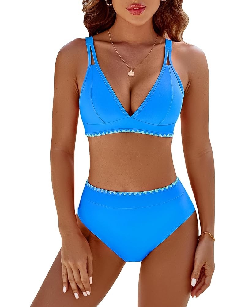 Women's Bikini Sets V Neck High Waisted Swimsuits Shell Stitched Cheeky Two Piece Bathing Suit A-Color Block Blue039 $19.94 S...