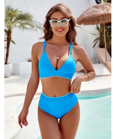 Women's Bikini Sets V Neck High Waisted Swimsuits Shell Stitched Cheeky Two Piece Bathing Suit A-Color Block Blue039 $19.94 S...