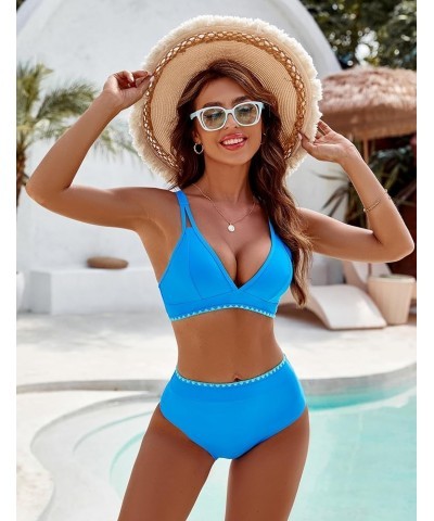 Women's Bikini Sets V Neck High Waisted Swimsuits Shell Stitched Cheeky Two Piece Bathing Suit A-Color Block Blue039 $19.94 S...