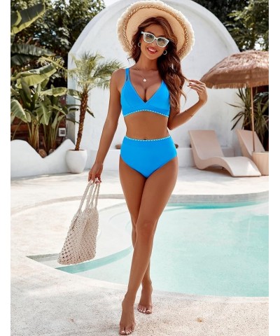 Women's Bikini Sets V Neck High Waisted Swimsuits Shell Stitched Cheeky Two Piece Bathing Suit A-Color Block Blue039 $19.94 S...