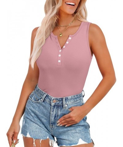 Tank Tops for Women 2024 Casual Summer Sleeveless Ribbed Slim Fit Henley Shirts Button Front Lotus Pink $8.39 Tanks