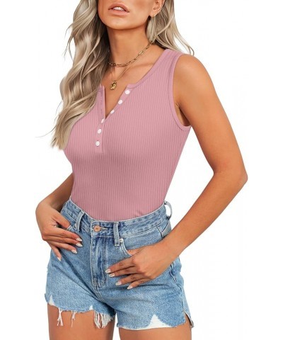 Tank Tops for Women 2024 Casual Summer Sleeveless Ribbed Slim Fit Henley Shirts Button Front Lotus Pink $8.39 Tanks