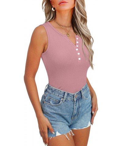 Tank Tops for Women 2024 Casual Summer Sleeveless Ribbed Slim Fit Henley Shirts Button Front Lotus Pink $8.39 Tanks