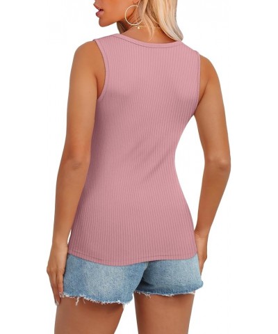 Tank Tops for Women 2024 Casual Summer Sleeveless Ribbed Slim Fit Henley Shirts Button Front Lotus Pink $8.39 Tanks