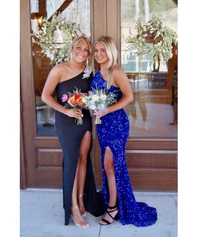 One Shoulder Sequin Prom Dresses Long Mermaid Glittery Backless Evening Party Gowns with Slit Wedding White $45.89 Dresses