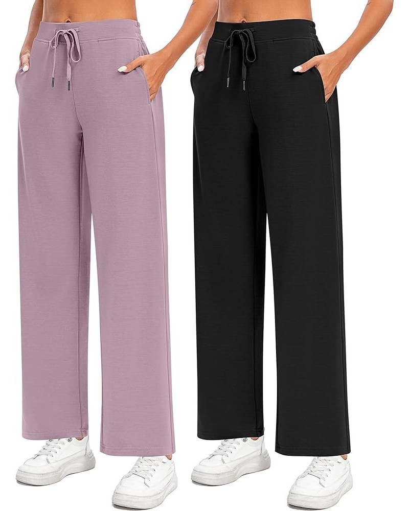 2 Pack Women Casual Wide Leg Sweatpants Drawstring Waist Baggy Joggers Loose Yoga Pants with Pockets Black, Gray Purple $24.7...