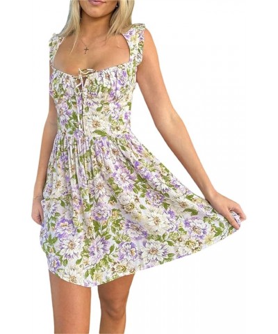 Women Y2k Floral Printed Mini Dress Low Cut Backless Bodycon Short Dress Square Neck Flower Going Out Party Dress Purple $10....