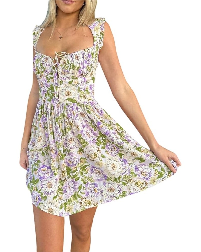 Women Y2k Floral Printed Mini Dress Low Cut Backless Bodycon Short Dress Square Neck Flower Going Out Party Dress Purple $10....