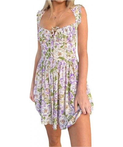 Women Y2k Floral Printed Mini Dress Low Cut Backless Bodycon Short Dress Square Neck Flower Going Out Party Dress Purple $10....