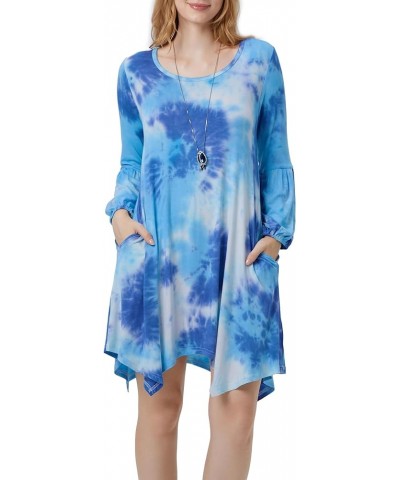 Women Casual Loose Crewneck Long Puff Sleeve Pockets Swing T-Shirt Dress Tie-dye Dark Blue $9.60 Dresses