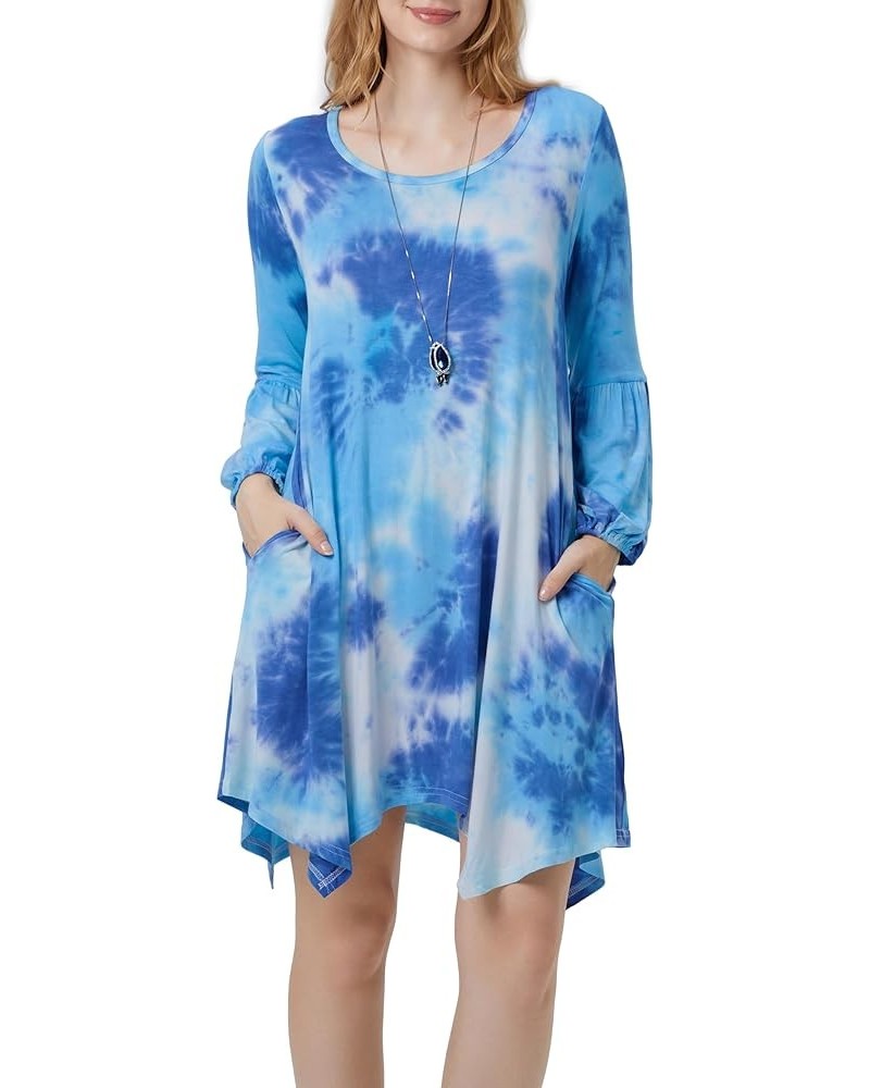 Women Casual Loose Crewneck Long Puff Sleeve Pockets Swing T-Shirt Dress Tie-dye Dark Blue $9.60 Dresses