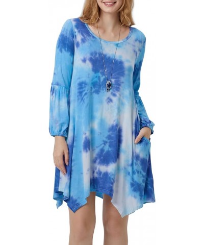 Women Casual Loose Crewneck Long Puff Sleeve Pockets Swing T-Shirt Dress Tie-dye Dark Blue $9.60 Dresses