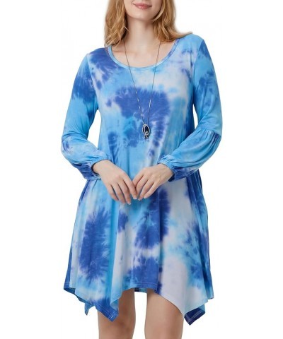 Women Casual Loose Crewneck Long Puff Sleeve Pockets Swing T-Shirt Dress Tie-dye Dark Blue $9.60 Dresses