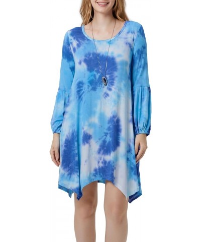 Women Casual Loose Crewneck Long Puff Sleeve Pockets Swing T-Shirt Dress Tie-dye Dark Blue $9.60 Dresses