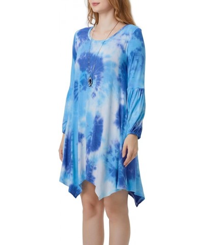 Women Casual Loose Crewneck Long Puff Sleeve Pockets Swing T-Shirt Dress Tie-dye Dark Blue $9.60 Dresses