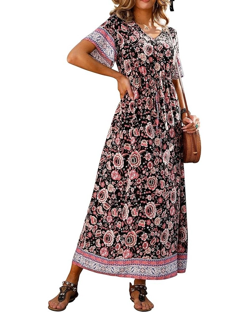 Women Boho Summer Floral Print Loose Casual Dress V Neck Short Sleeve Drawstring Waist Flowy Long Maxi Dresses 09 Hibiscus Bl...