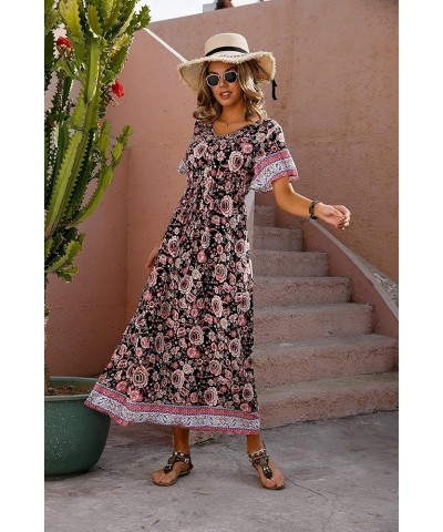 Women Boho Summer Floral Print Loose Casual Dress V Neck Short Sleeve Drawstring Waist Flowy Long Maxi Dresses 09 Hibiscus Bl...