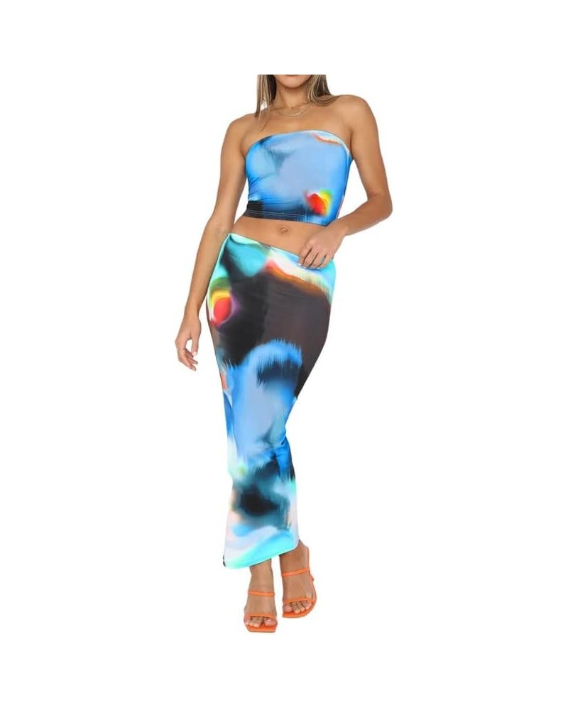 Women Y2K Ruffle 2 Piece Skirt Set Sleeveless Tube Crop Top Y2k Sexy Mesh See Through Cutout Maxi Skirt Clubwear Z3- Blue $9....