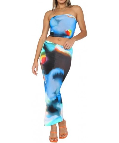 Women Y2K Ruffle 2 Piece Skirt Set Sleeveless Tube Crop Top Y2k Sexy Mesh See Through Cutout Maxi Skirt Clubwear Z3- Blue $9....