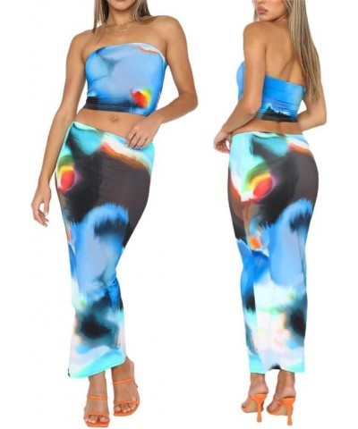 Women Y2K Ruffle 2 Piece Skirt Set Sleeveless Tube Crop Top Y2k Sexy Mesh See Through Cutout Maxi Skirt Clubwear Z3- Blue $9....