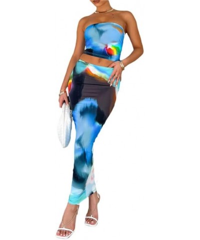 Women Y2K Ruffle 2 Piece Skirt Set Sleeveless Tube Crop Top Y2k Sexy Mesh See Through Cutout Maxi Skirt Clubwear Z3- Blue $9....